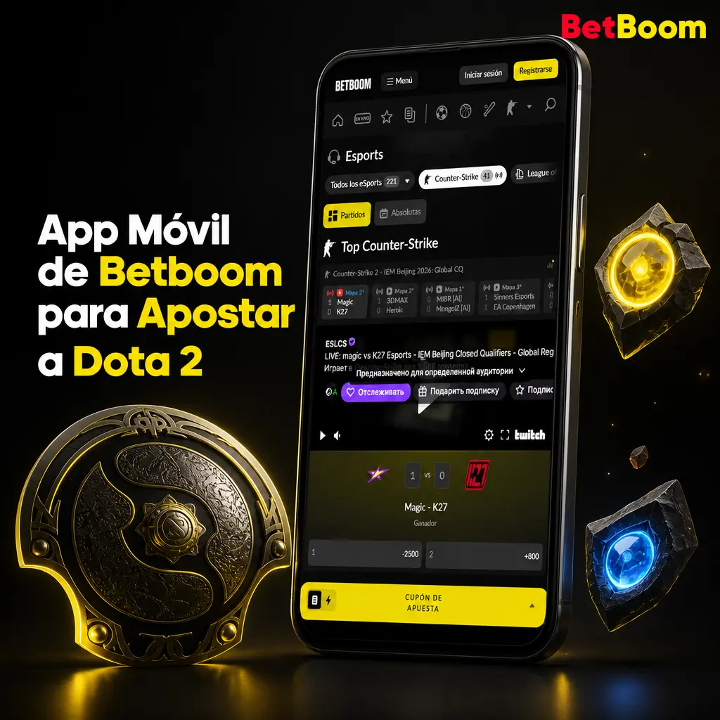 App móvil de Betboom para apostar a Dota 2 con cuotas en tiempo real y navegación rápida entre ligas y equipos de esports.
