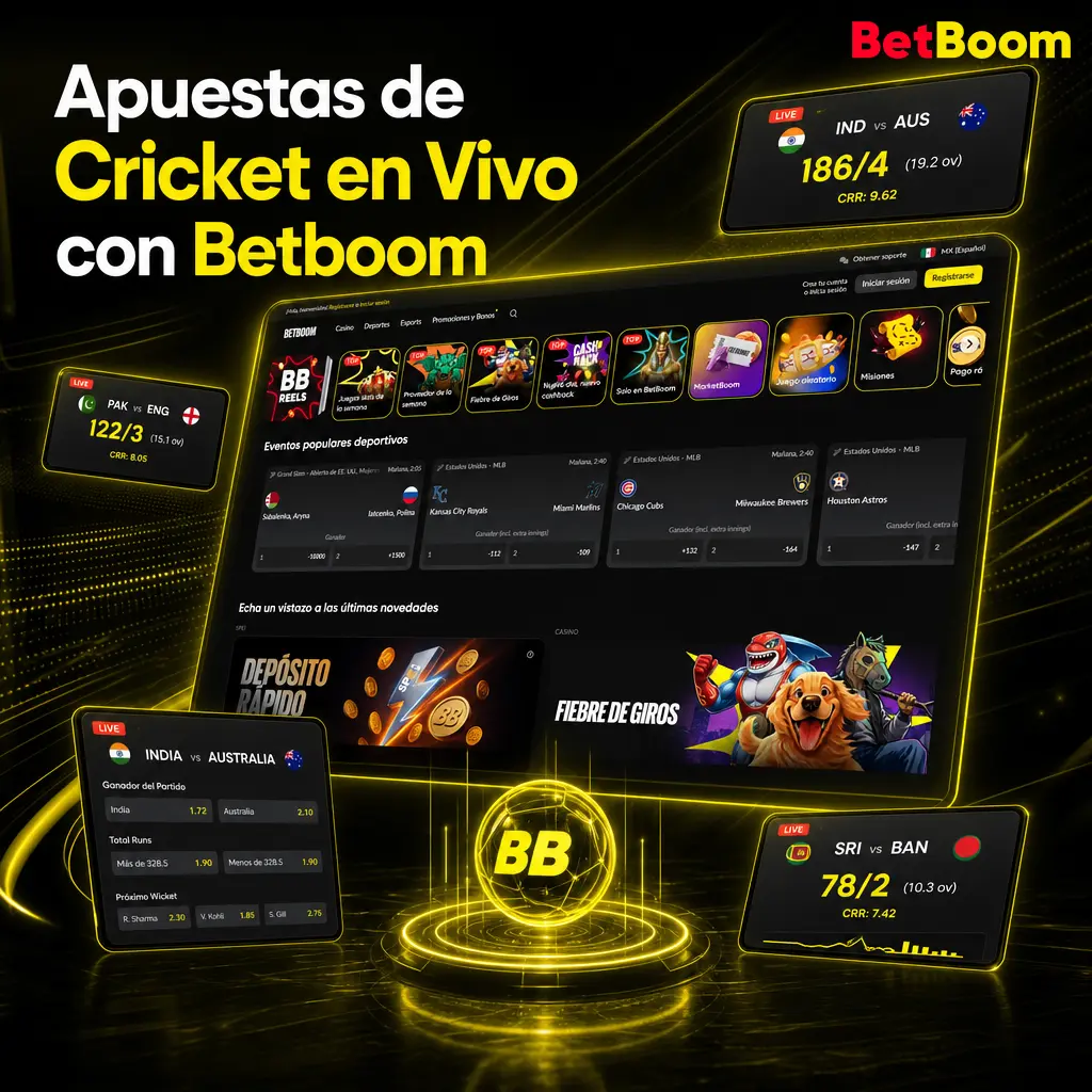 Apuestas de cricket en vivo en Betboom con cuotas actualizadas, estadísticas y cash out para apostar en cada over y wicket.