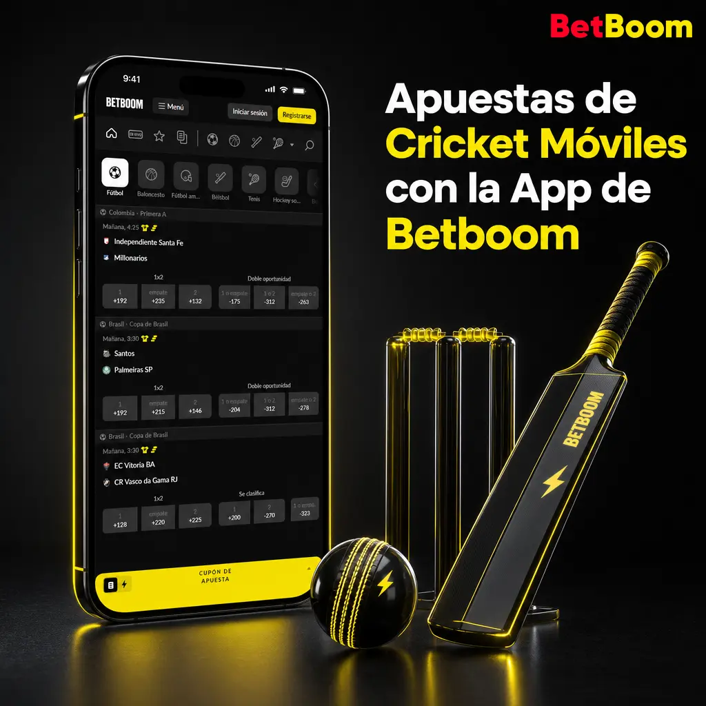 App móvil de Betboom para apostar en cricket en Android e iOS, con casino, depósitos y registro rápido.