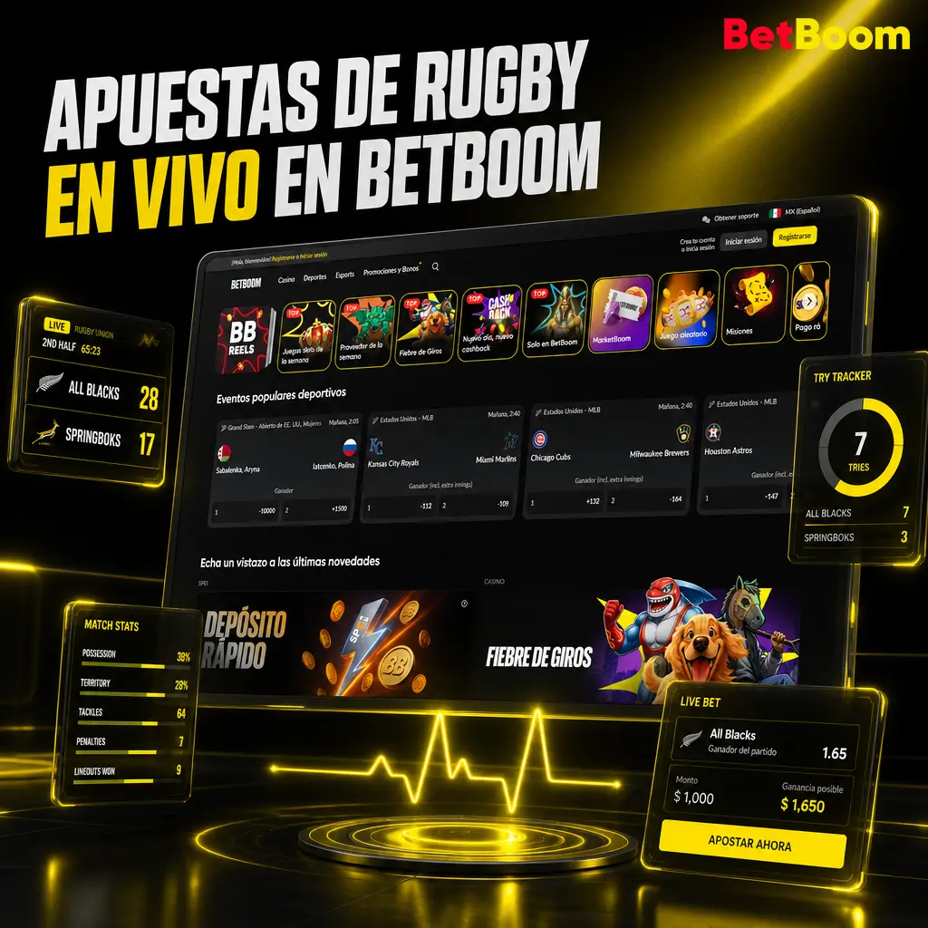 Apuestas en vivo de rugby en Betboom con cuotas actualizadas, estadísticas al instante y marcador en tiempo real para grandes torneos.