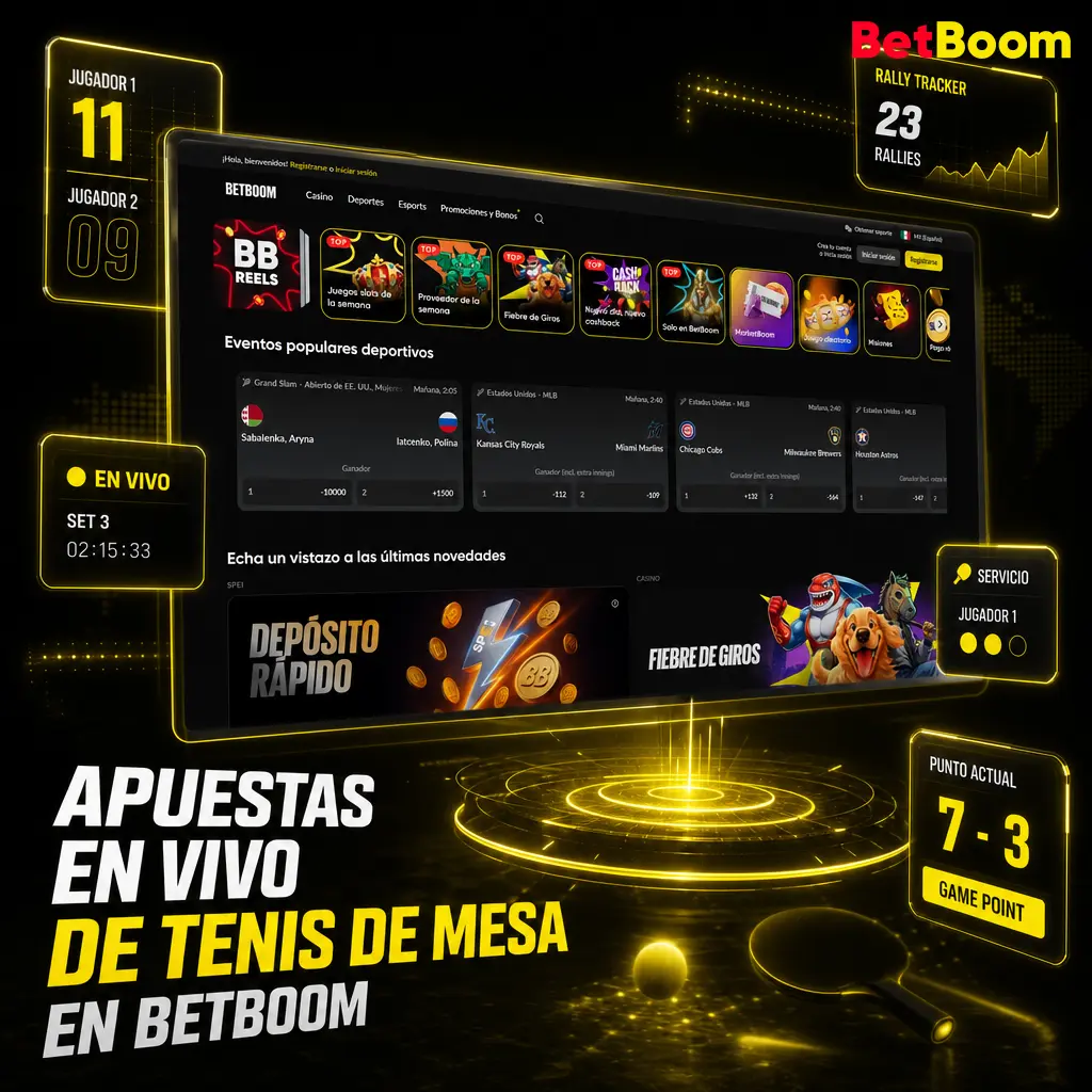 Apuestas en vivo de tenis de mesa en Betboom con cuotas actualizadas por punto y estadísticas set por set