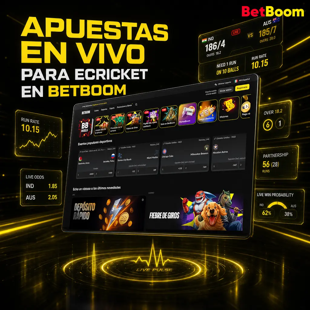 Apuestas en vivo para eCricket en Betboom con cuotas actualizadas por balón y transmisión integrada del partido virtual.