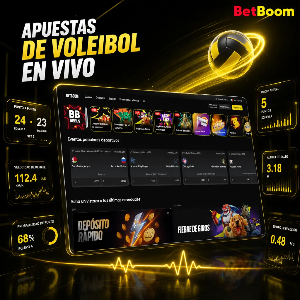 Cuotas en vivo de Betboom para vóleibol con estadísticas de saque, recepción y bloqueo actualizadas en cada punto.