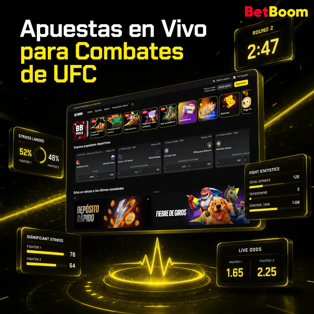 Apuestas en vivo de UFC en Betboom MMA con cuotas actualizadas por round, estadísticas de golpes y derribos en tiempo real.