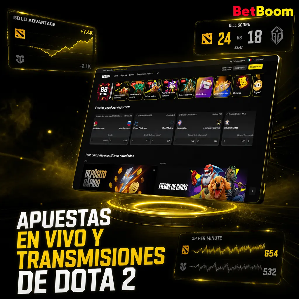 Apuestas en vivo de Dota 2 en Betboom con cuotas dinámicas, gráficas de oro y XP, y transmisiones en directo del partido.