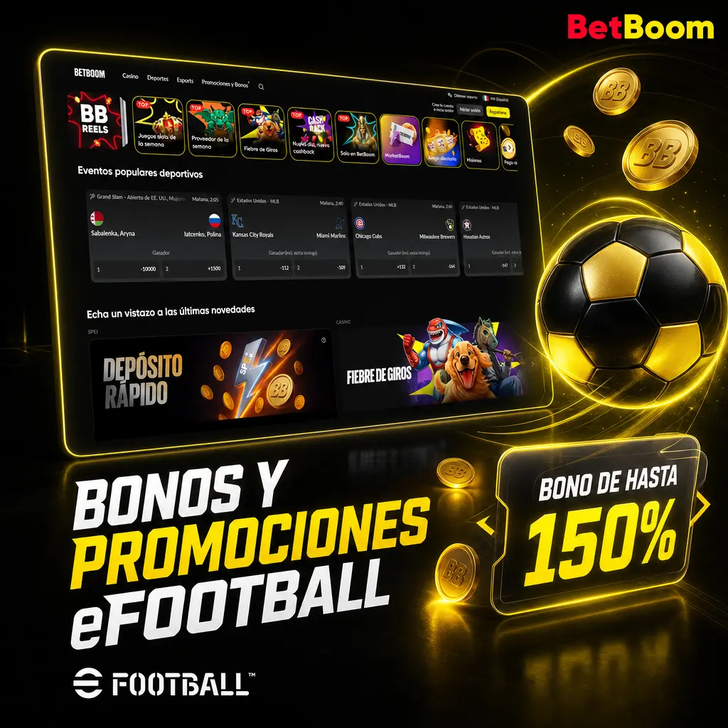 Bono de bienvenida Betboom con giros y hasta 20,075 MXN, más promociones eFootball para eFootball Championship Open y FIFAe World Cup