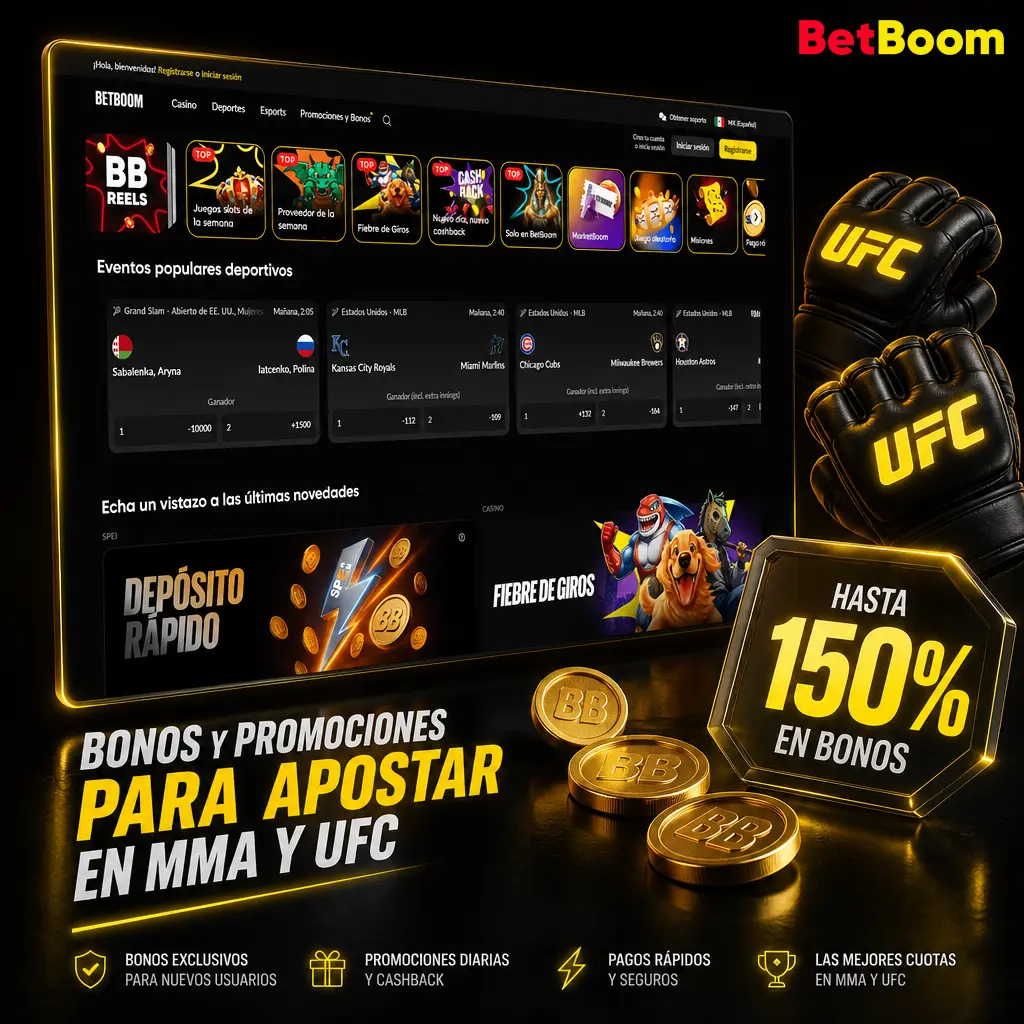 Bono de bienvenida Betboom: 100 Giros y hasta 20,075 MXN para apostar en UFC y MMA en México.