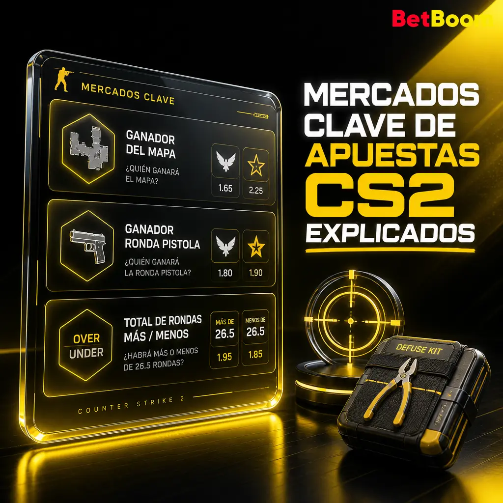Explicación de los mercados clave de apuestas en CS2: ganador del partido, hándicap de mapa, rondas totales, ronda pistola y props de kills.