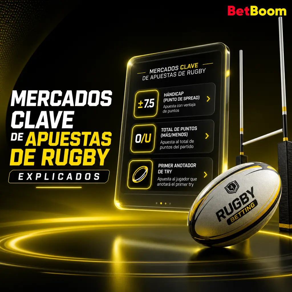 Explicación de los mercados clave de apuestas de rugby en Betboom: hándicap, ganador, total de puntos y anotador de try.
