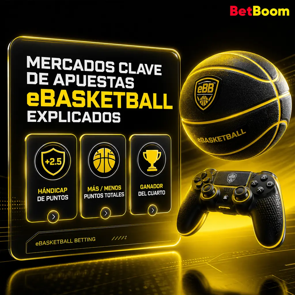 Mercados de apuestas eBasketball en Betboom: hándicap, moneyline, total de puntos, por cuarto y puntos por jugador.