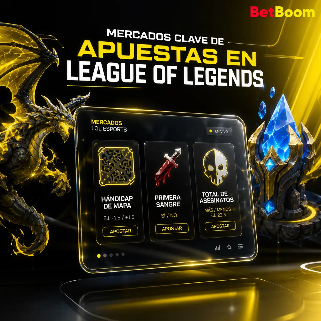 Mercados de apuestas de Betboom para League of Legends: ganador, hándicap de mapas, kills, primera sangre, dragón, barón y torres.