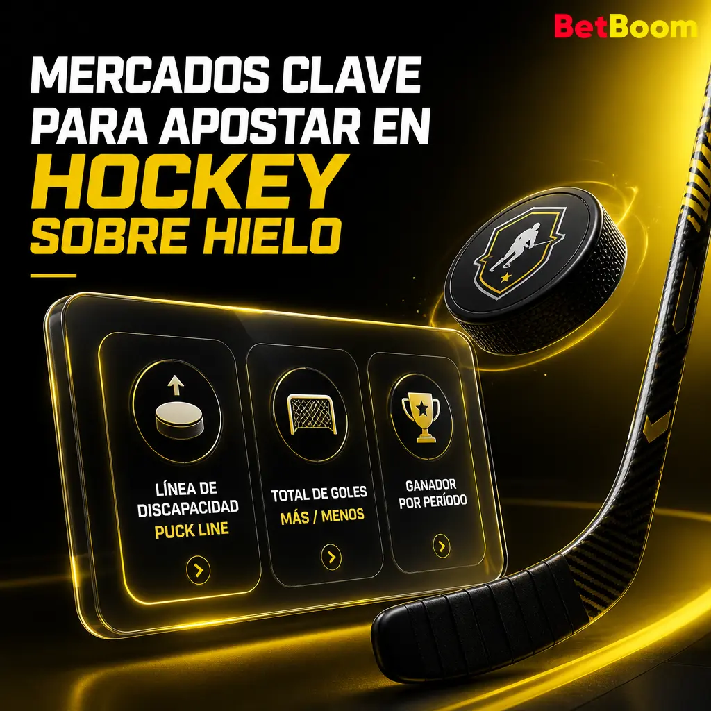 Mercados de apuestas en Betboom para hockey sobre hielo: moneyline, línea de puck, totales, ambos anotan y marcador exacto.