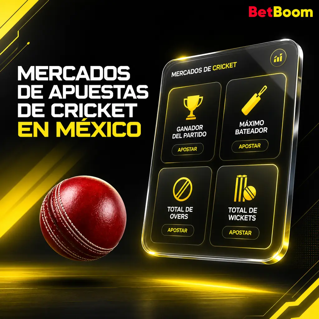 Mercados de apuestas de cricket en Betboom México: ganador, series, carreras, wickets, bateador destacado y más opciones.