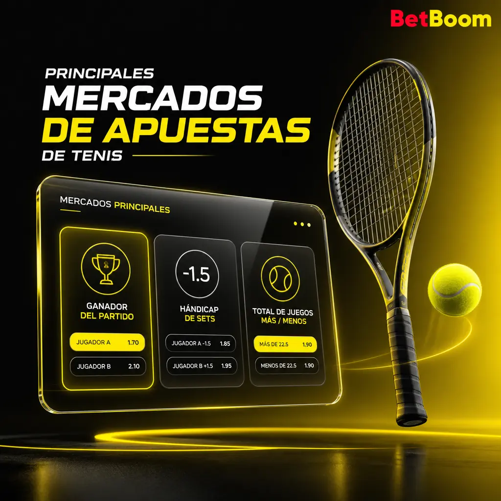 Mercados de apuestas de tenis en Betboom: ganador del partido, por set, total de games, hándicap y marcador correcto