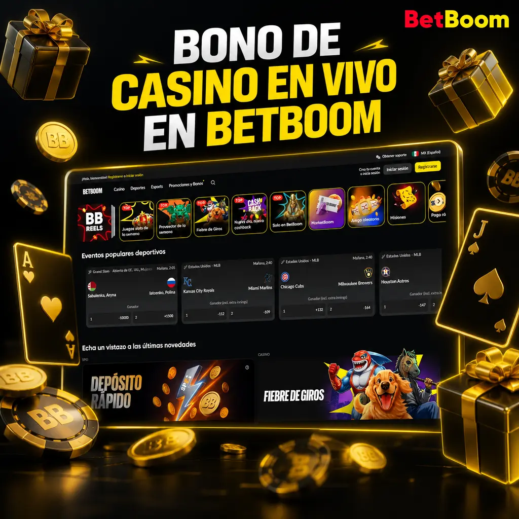 Bono de casino en vivo Betboom: 100 giros gratis y hasta 20,075 MXN en tu primer depósito para blackjack, ruleta y bacará.