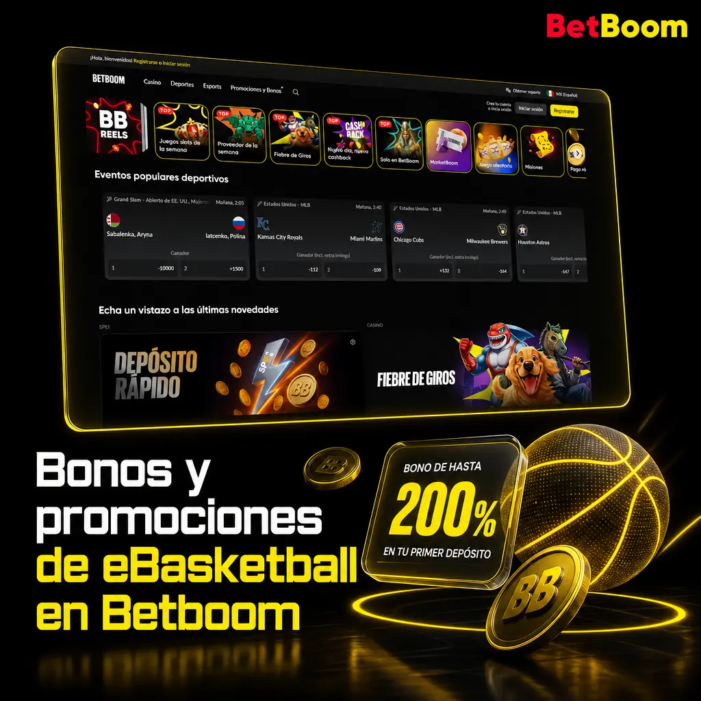 Bono de bienvenida de Betboom con 100 giros y hasta 20,075 MXN, más promociones de eBasketball como cuotas mejoradas