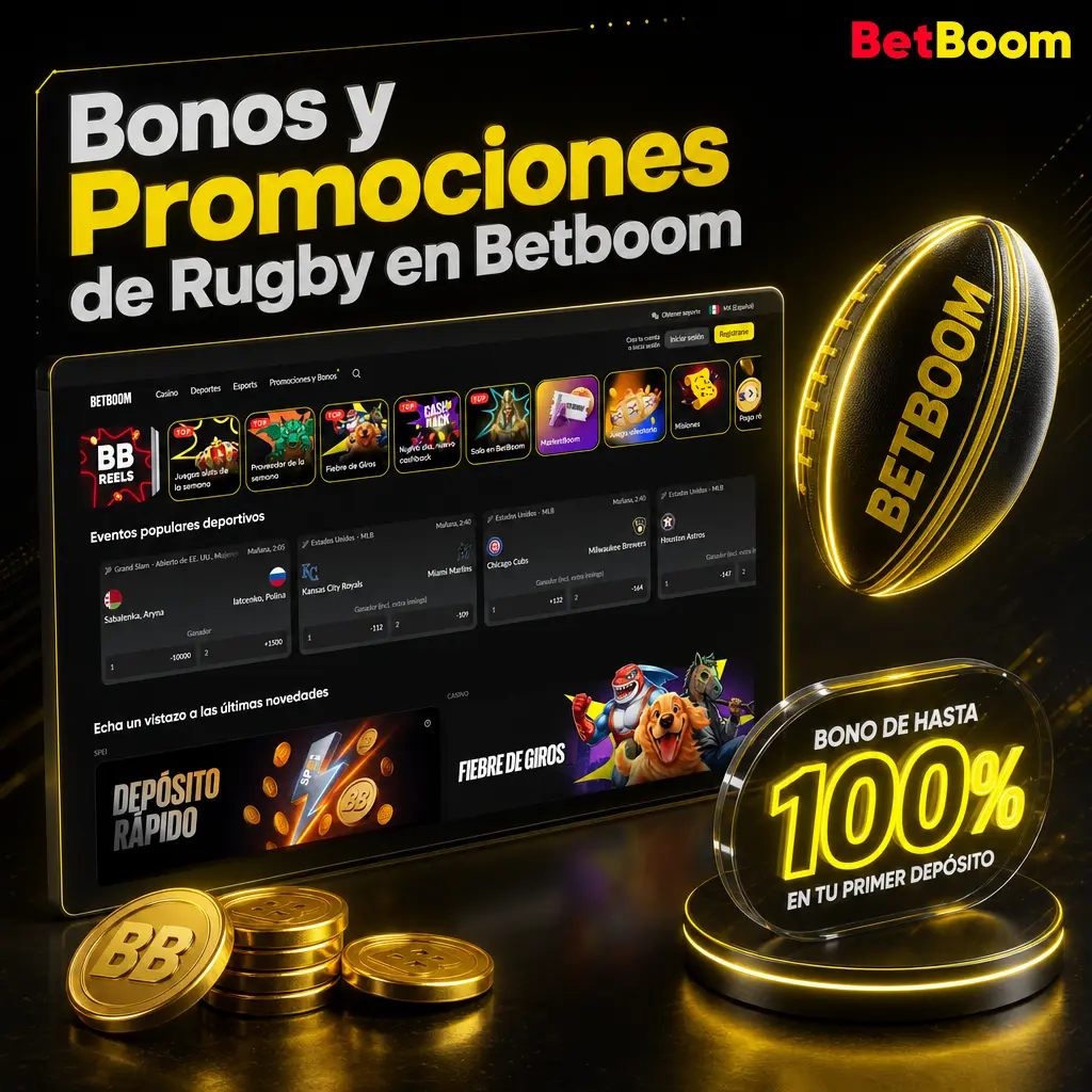 Bono de bienvenida Betboom: 100 giros y hasta 20,075 MXN para apostar en rugby, incluyendo Copa Mundial y Six Nations.