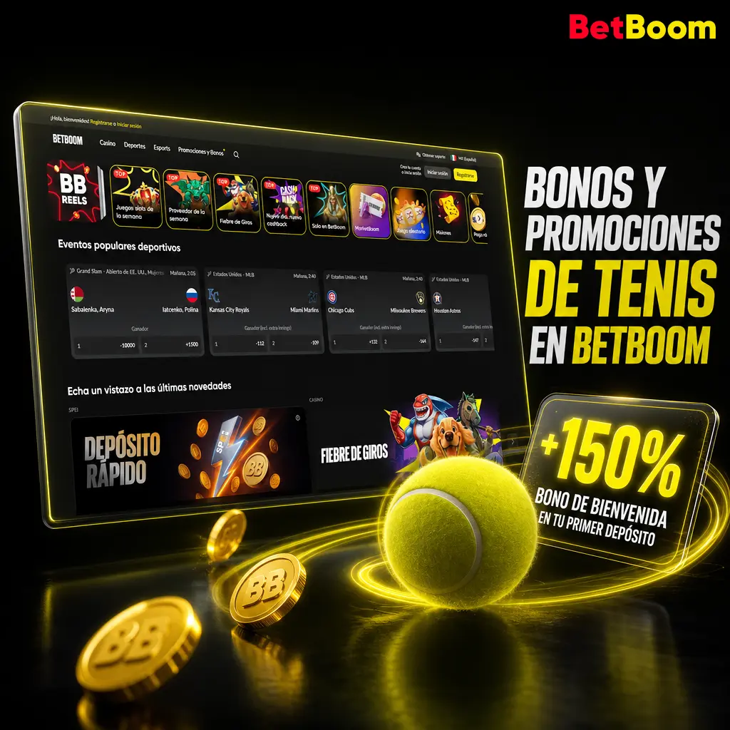 Bono de bienvenida Betboom: 100 giros y hasta 20,075 MXN para apuestas de tenis y casino en tu primer depósito