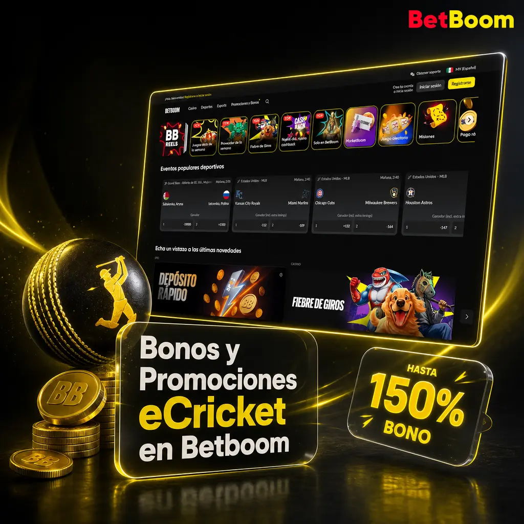 Bono de bienvenida Betboom con giros gratis y hasta 20,075 MXN para apostar en eCricket y torneos eSports