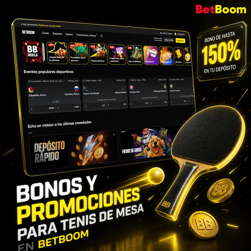 Bono de bienvenida de Betboom para tenis de mesa: 100 giros y 20,075 MXN tras registro y primer depósito validado.