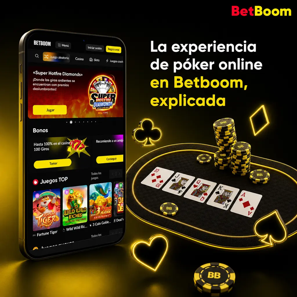 Interfaz de póker online en Betboom mostrando mesas de juego, fichas automáticas y cartas comunitarias en tiempo real.