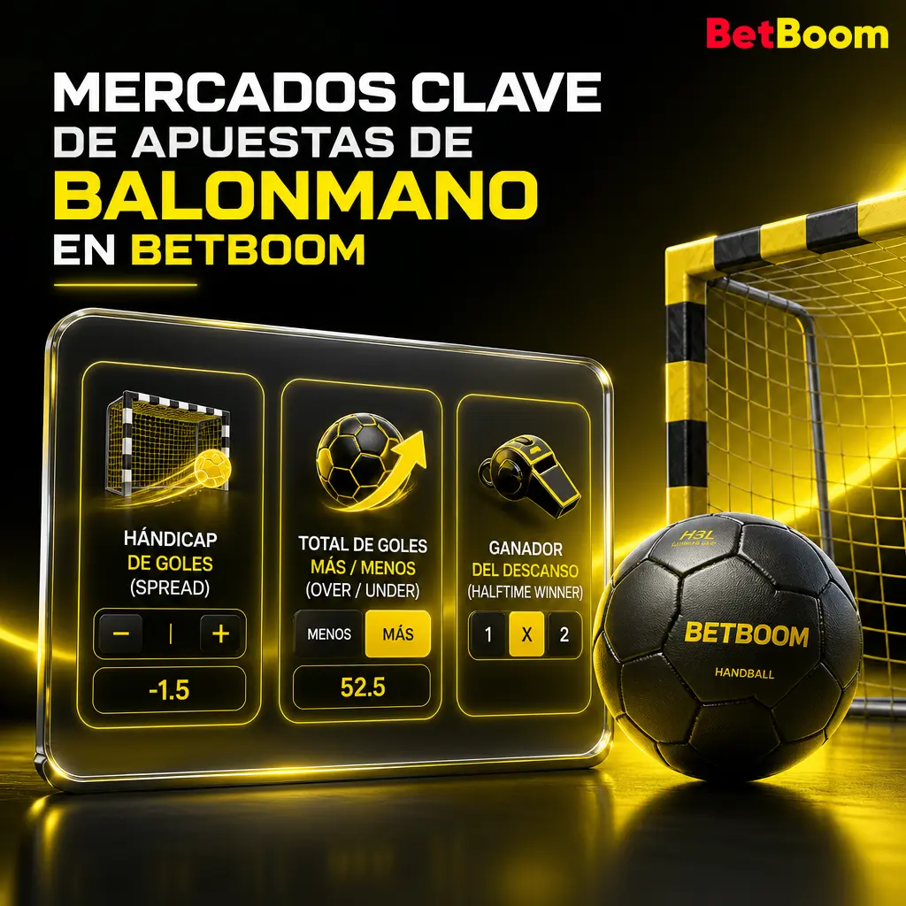 Mercados de apuestas de balonmano en Betboom: hándicap, moneyline, total de goles, medio tiempo/tiempo completo y margen de victoria