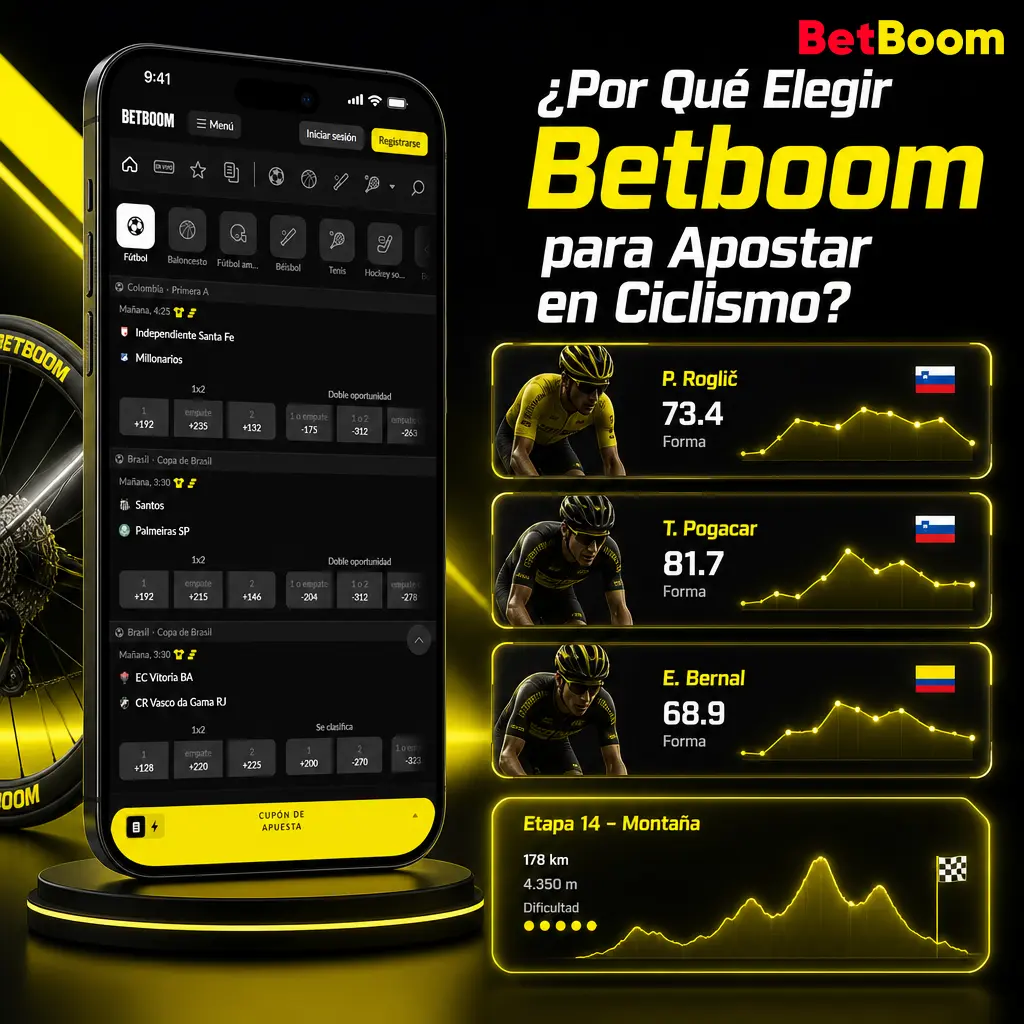 Betboom Cycling: cuotas competitivas, estadísticas de corredores y retiros rápidos en MXN para apostar en ciclismo en México 2026.