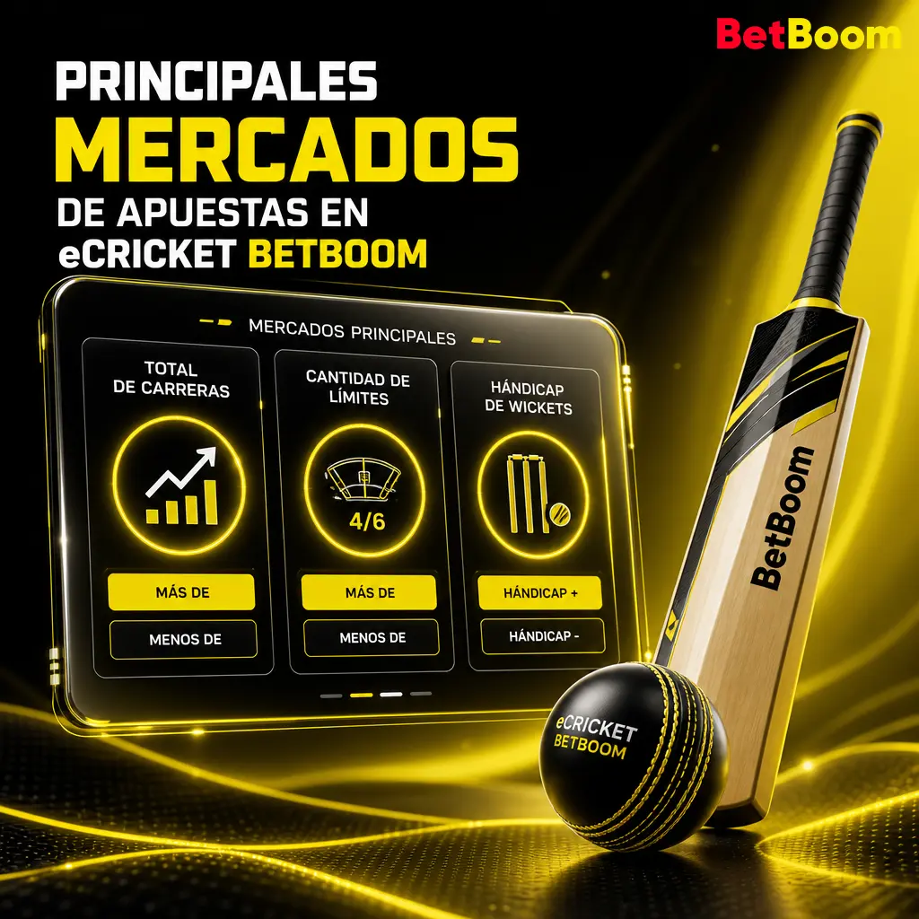 Mercados principales de apuestas en eCricket Betboom: ganador, total de carreras, límites, sociedad de apertura, wickets y hándicap.
