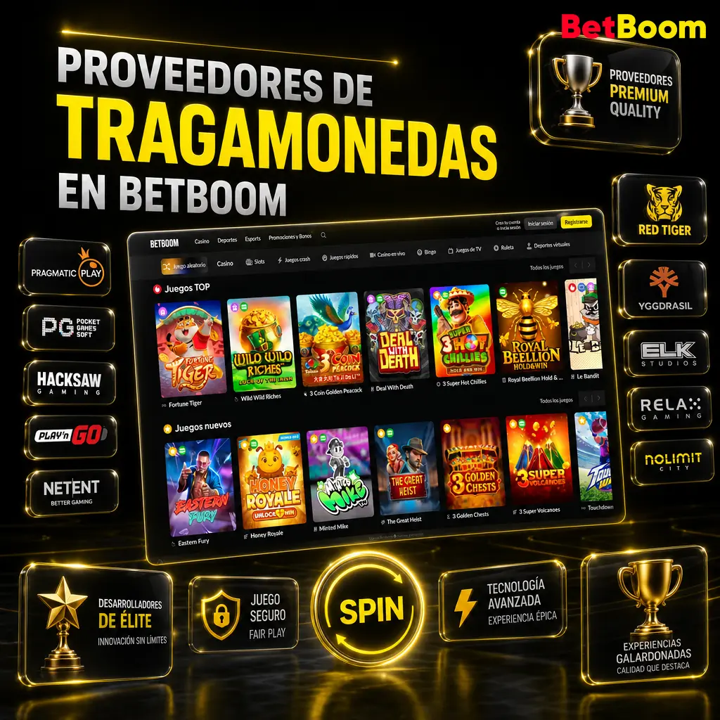Betboom reúne más de 45 proveedores de tragamonedas certificados, incluyendo Pragmatic Play, Play'n GO, Hacksaw y Spribe.