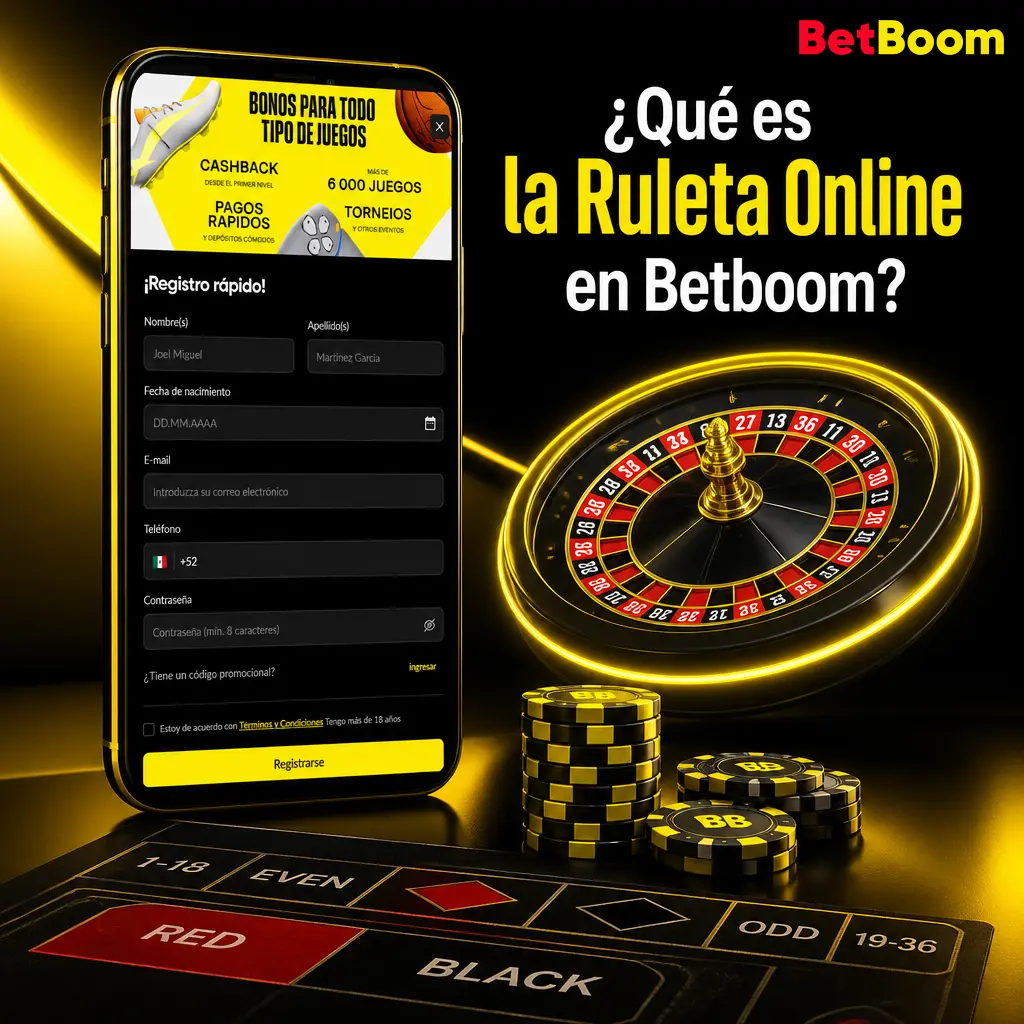 Ruleta online en Betboom: rueda giratoria, tablero del 0 al 36 y apuestas disponibles 24/7 desde México.