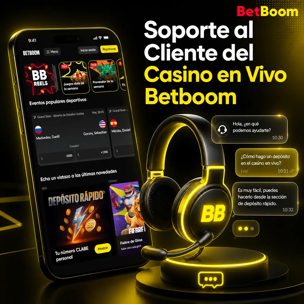 Soporte al cliente de Betboom para casino en vivo, disponible 24/7 vía chat, correo y desde la cuenta del jugador