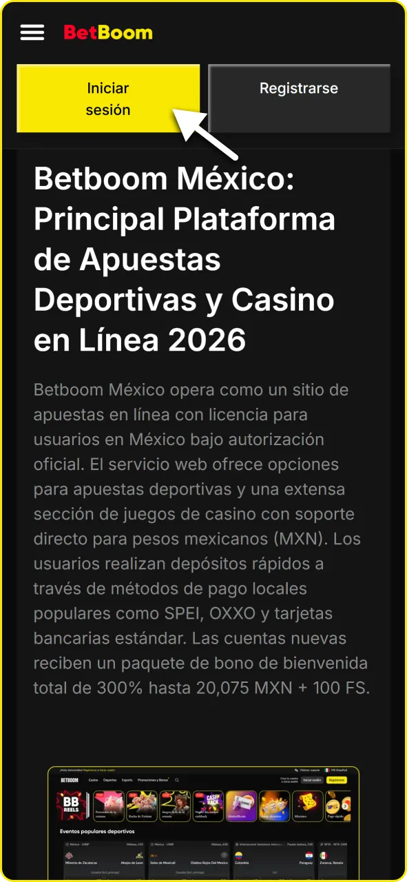 Inicia sesión en tu cuenta de Betboom México utilizando tus credenciales de acceso.
