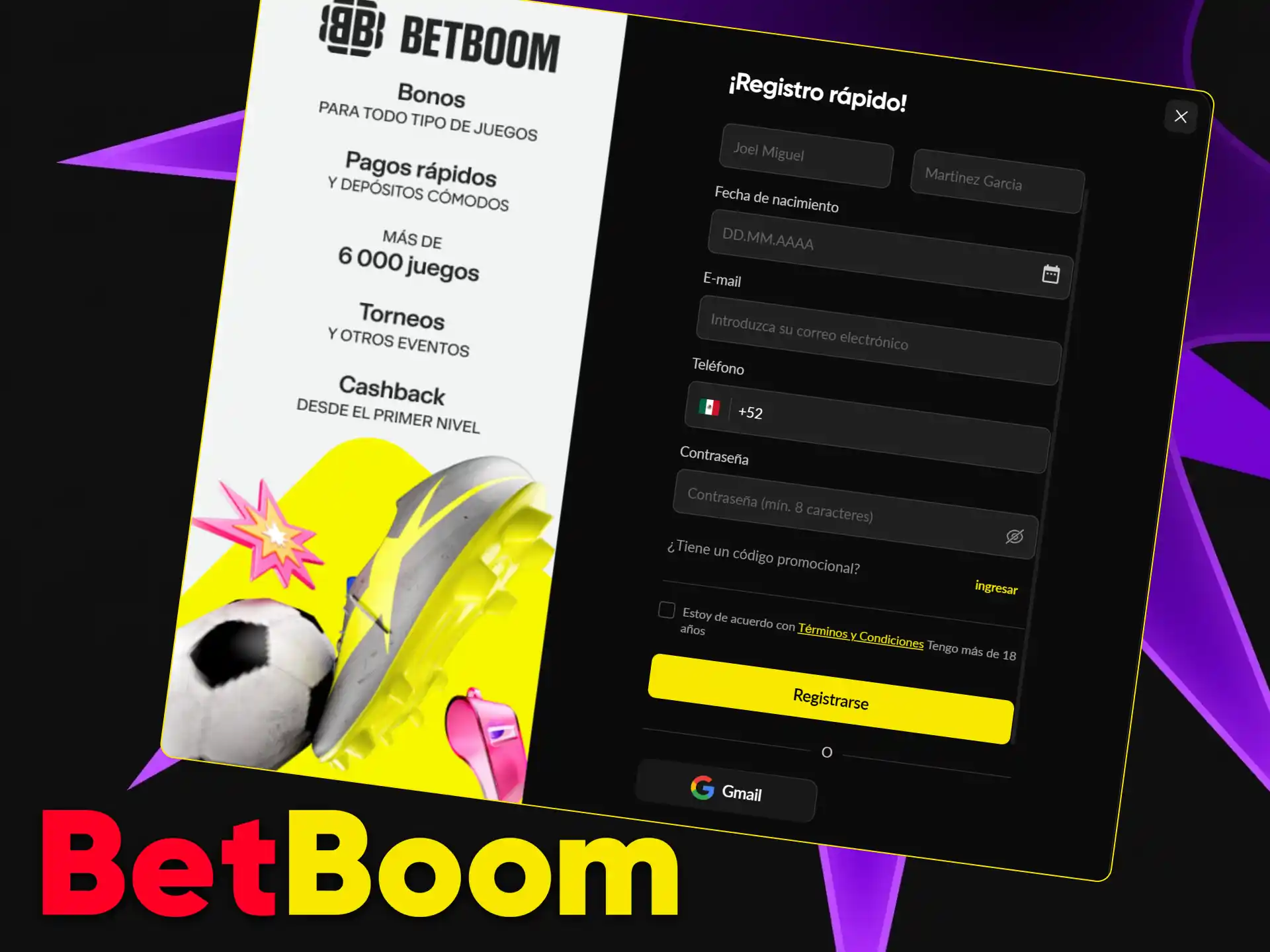 Completa el registro de tu nueva cuenta en Betboom México de manera rápida y segura.